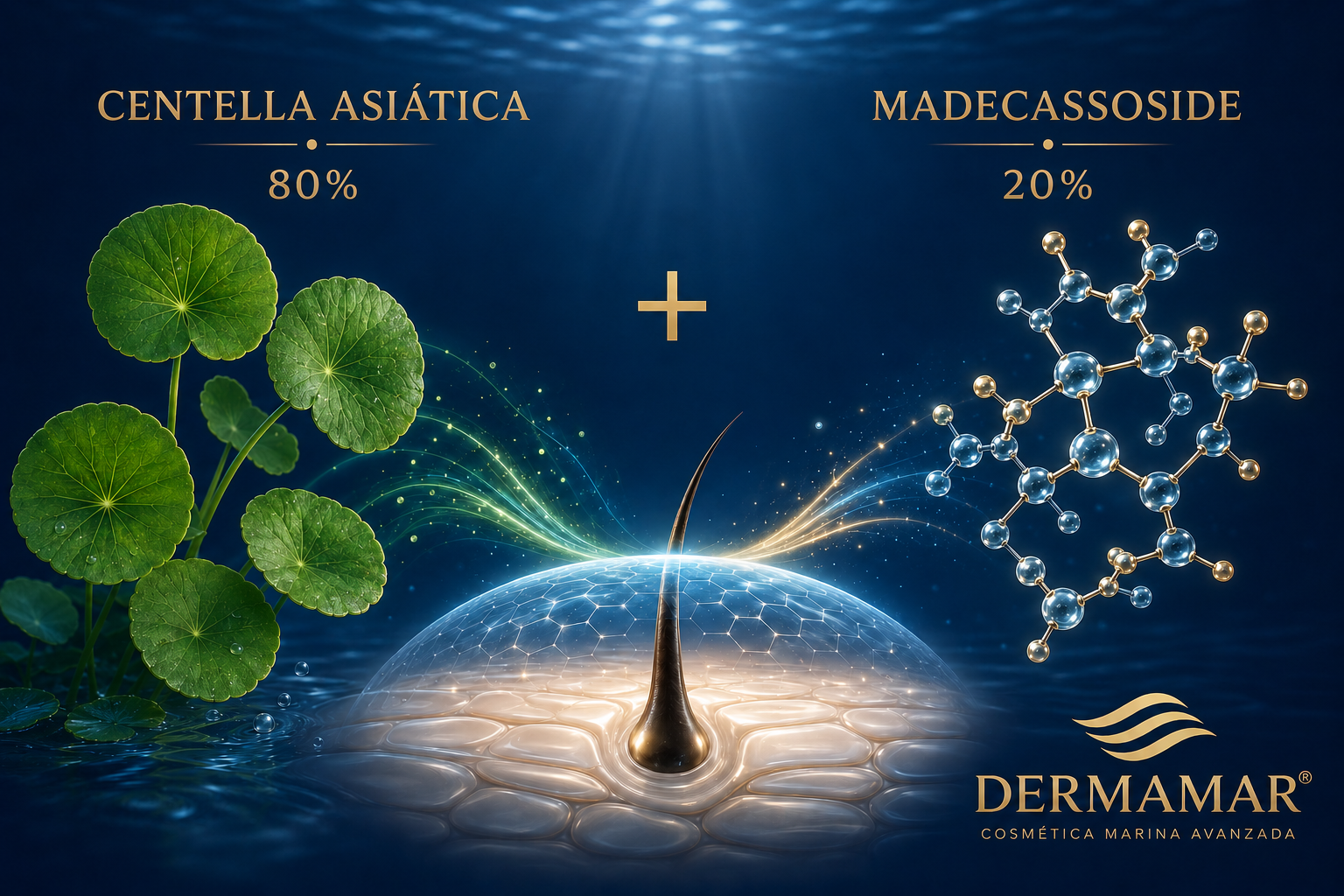 Centella asiática, madecassoside, cuero cabelludo protegido e identidad DermaMar.